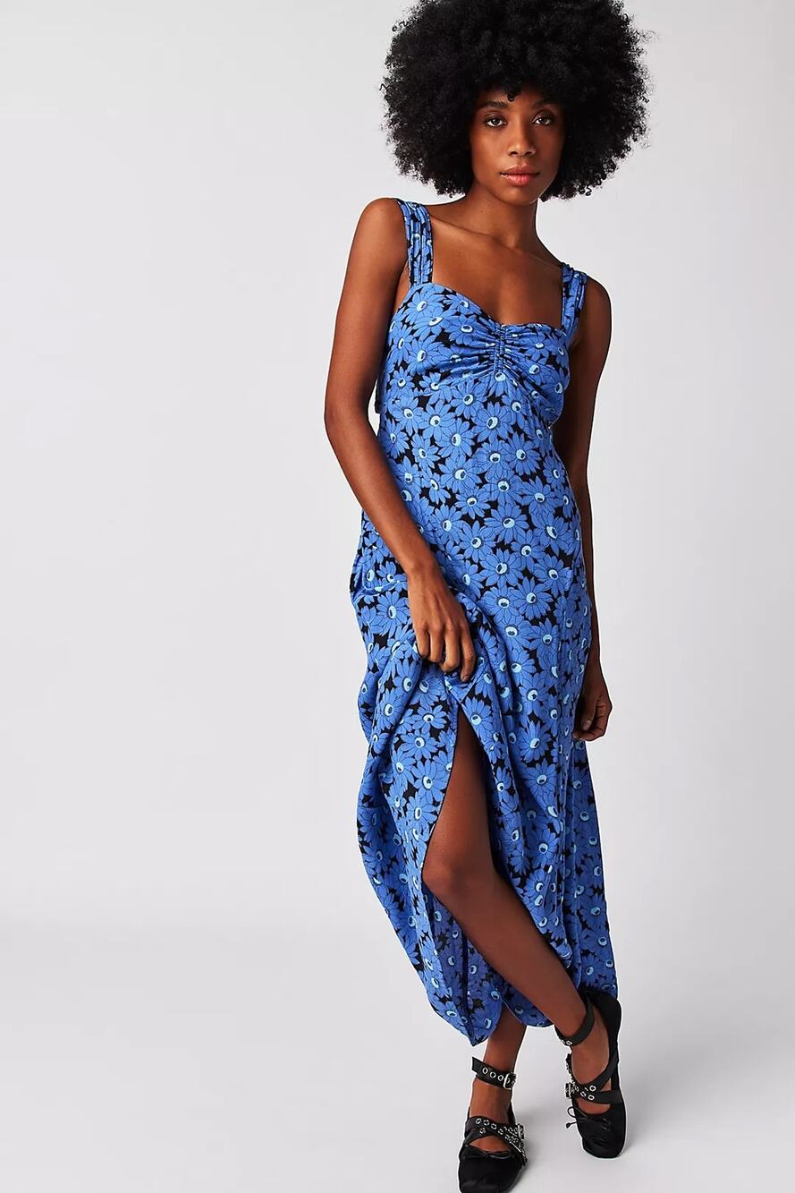 NWT Free People Rosalee Midi Dress Blue Floral Cutout Back Medium Cottagecore